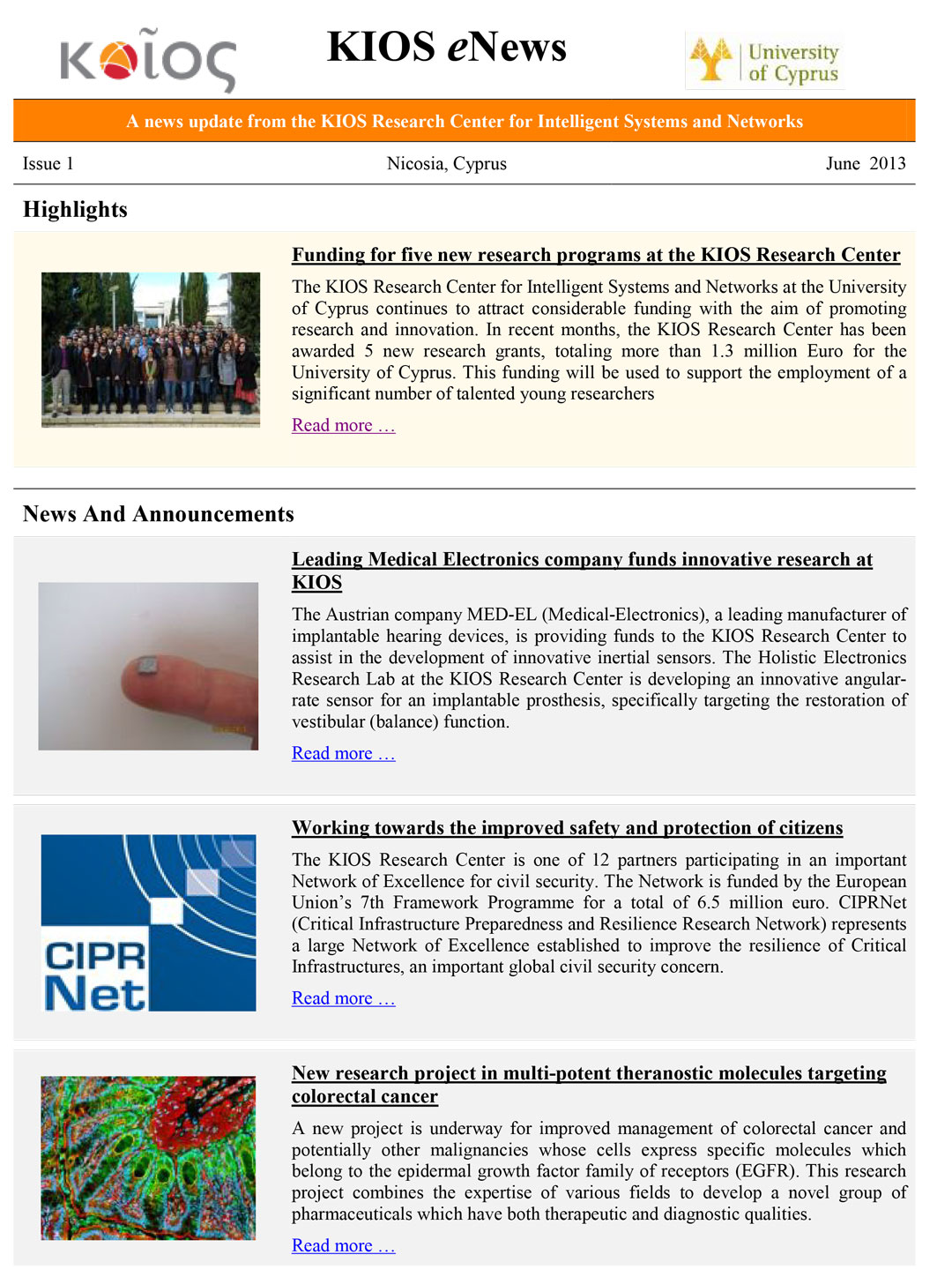 KIOS eNews, Issue 1